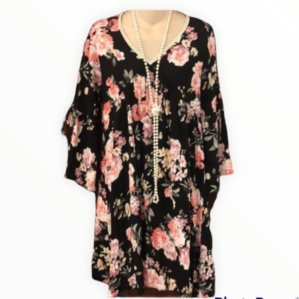 Coco & Main black & pink floral print‎ dress